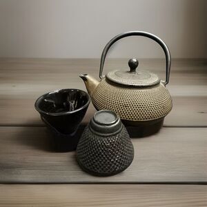 Japanese Tetsubin Cast Iron Hobnail Teapot with Strainer & 2 Tea Cups Set